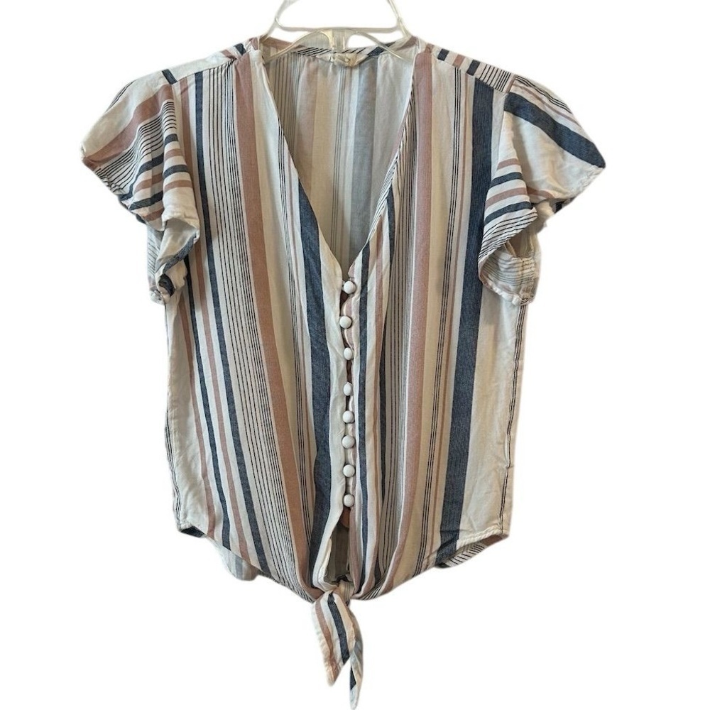 Sim & Sam Women's Striped Tie Front Blouse Short Sleeve Multicolor S